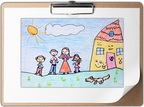 Child's drawing of a famiy and their dog standing outside their house on a sunny day