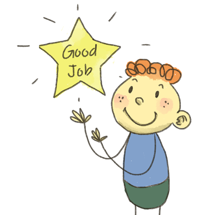 drawing of a child holding a star with the words good job.