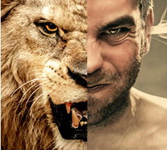 a collage of a head combining half of a roaring lion and half of an angry man.