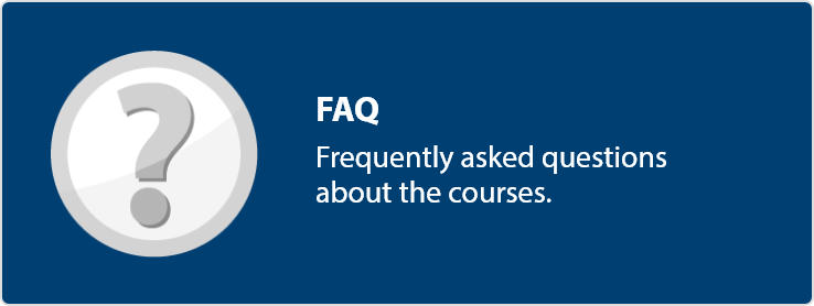 A clickable button with an illustration of a questionmark in a medalion. Text overlaid says 'FAQ, Frequently asked questions about the courses.'
