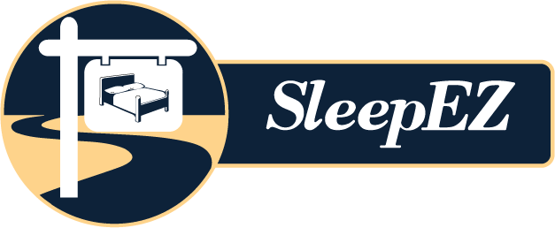 Sleep EZ Logo of a winding road with a sign containing the image of a bed.