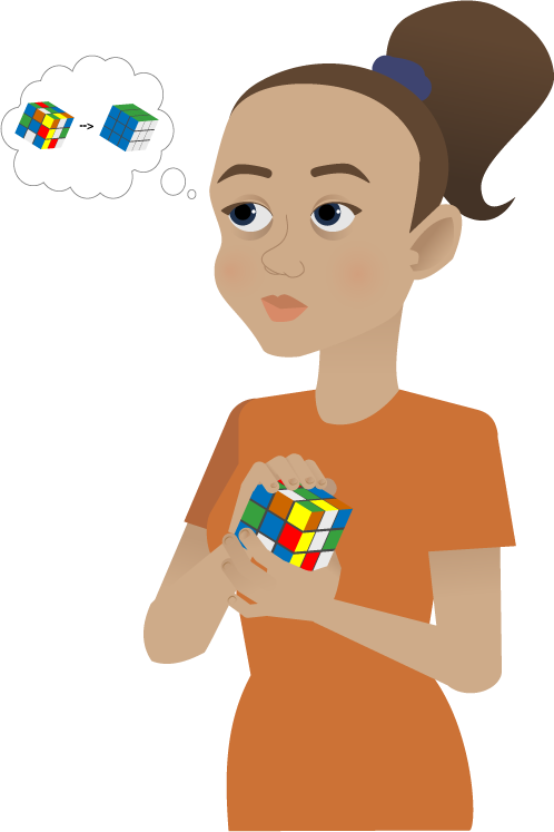 Girl thinking of how to solve the rubix cube.