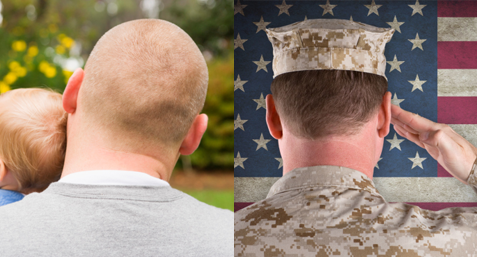 Two images, one of a father holding his child and the other of a man in a military uniform saluting an American flag taken from behind.