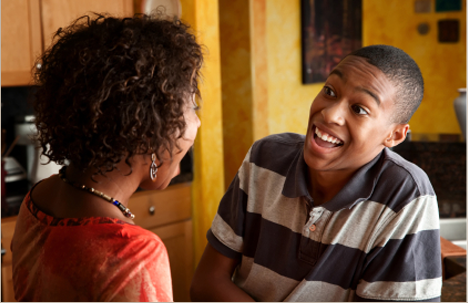 Mom and teen son talking