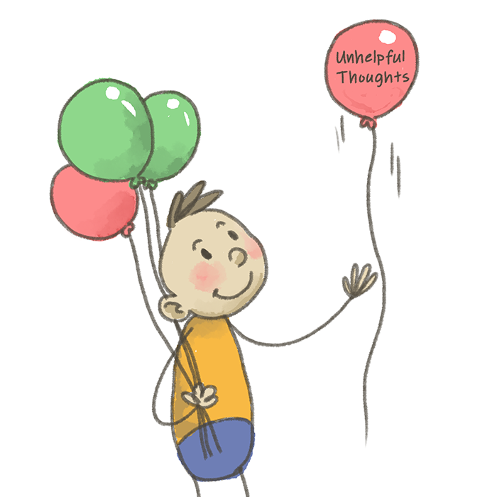 Child holding balloons releasing one with Unhelpful Thoughts written on it.